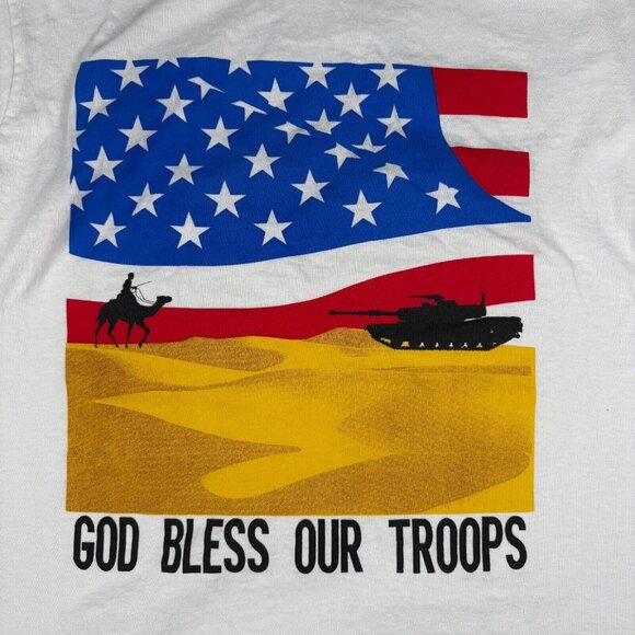 American Flag ‘God Bless Our Troops’ Patriotic White T-Shirt Large Single Stitch - Picture 2 of 16
